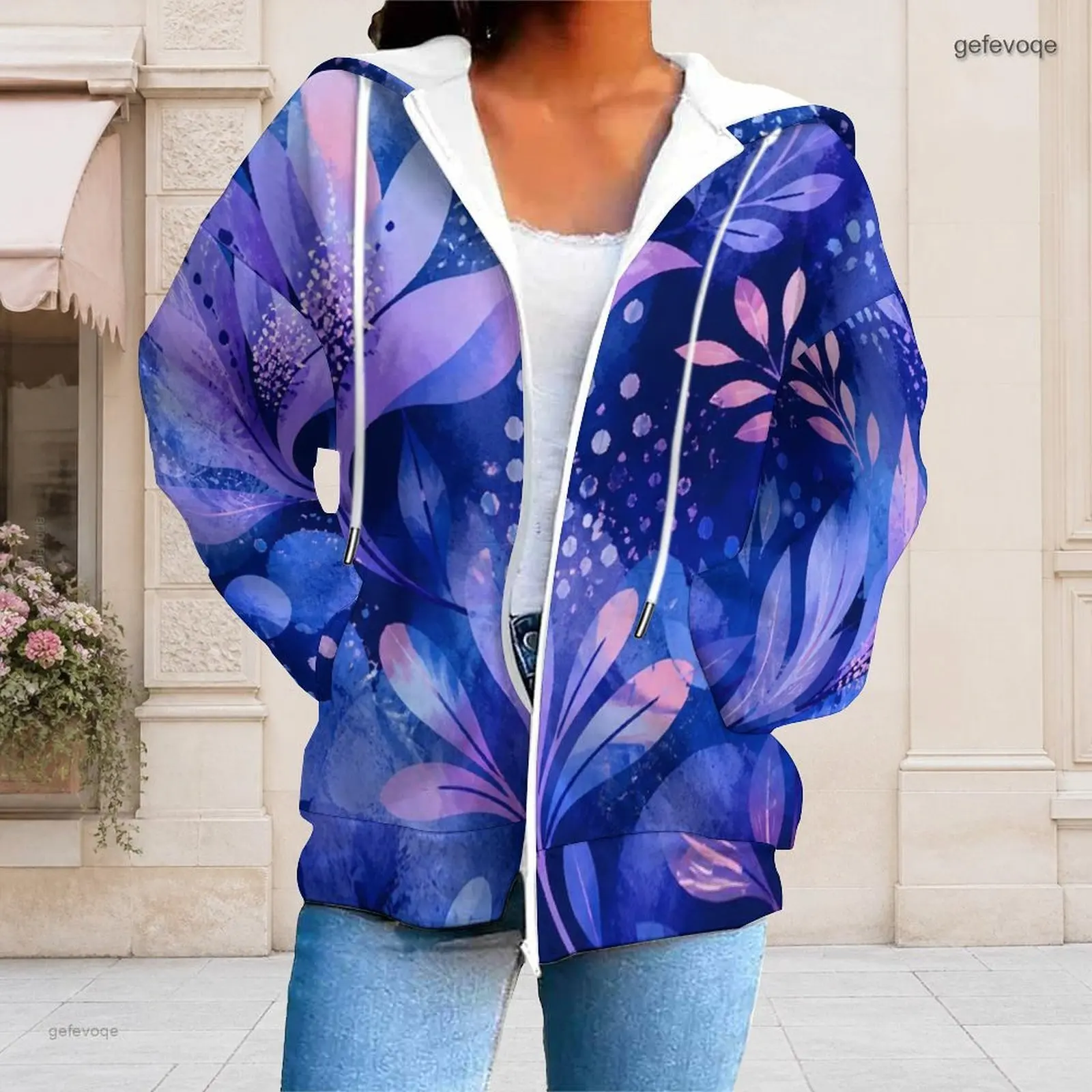 Women Blue Purple Pink Abstract Leaf Printed Long Sleeve Zip Up Drawstring Hoodie with Pockets