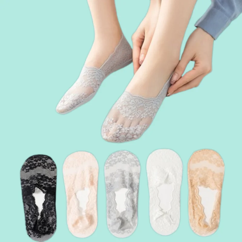 

3/10 Pairs Fashion Deep Mouth Boat Socks Cherry Blossom Lace Cotton Bottom Non-slip Invisible Short Socks Striped Light Socks