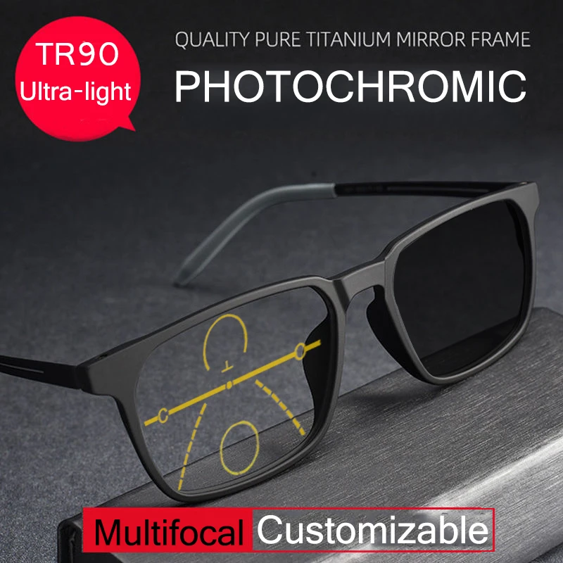 Progressive Photochromic Titanium Reading Glasses Men Near-far dual-purpose multi-focus Prescription Spectacles Customizable 2.5