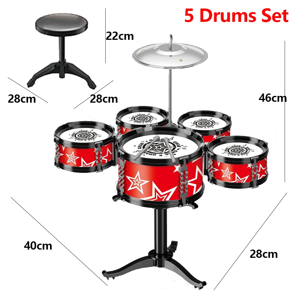 Jazz Drum Set for Kids 5 Drums / 3 Drums with Small Stool Drum Stick Set Music Instrument Educational Toys for Beginners Gifts