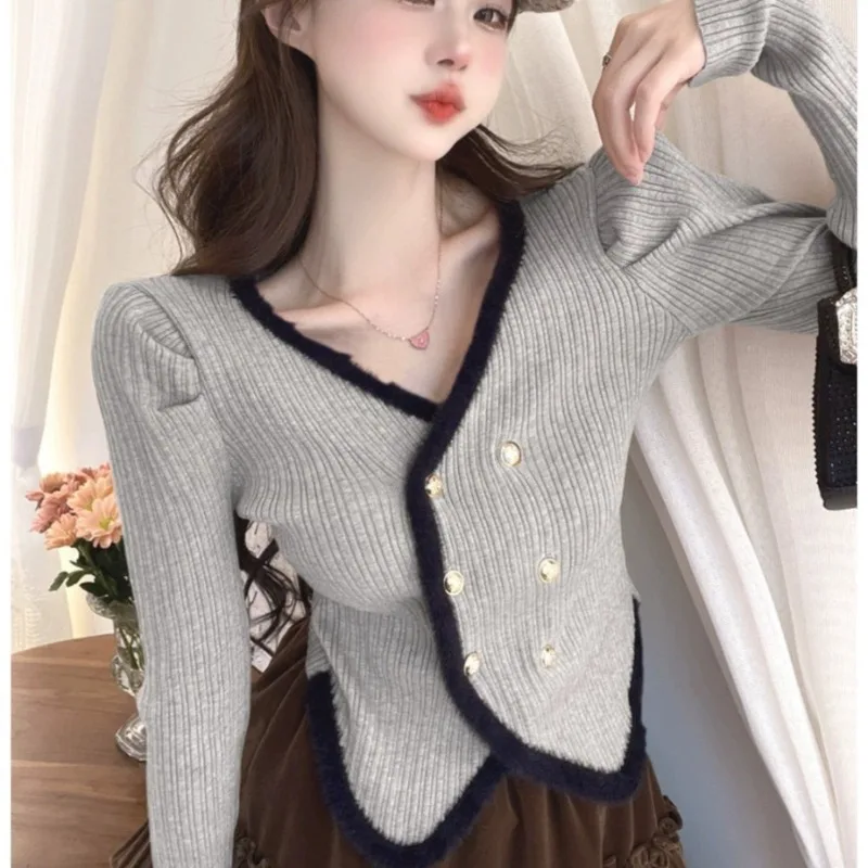 Shpmishal French Fashion Small Fragrance Knitted Cardigan Women's Autumn Bubble Sleeves Short V-neck Top Bottom Sweater Coat