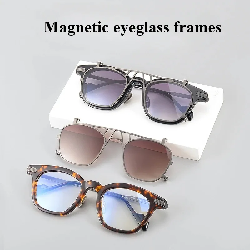 Top Quality Pure Titanium Acetate Rim Magnetic Eyeglasses Hanging Clip on Square Sunglasses UV Men Cool Retro Glasses Spectacle