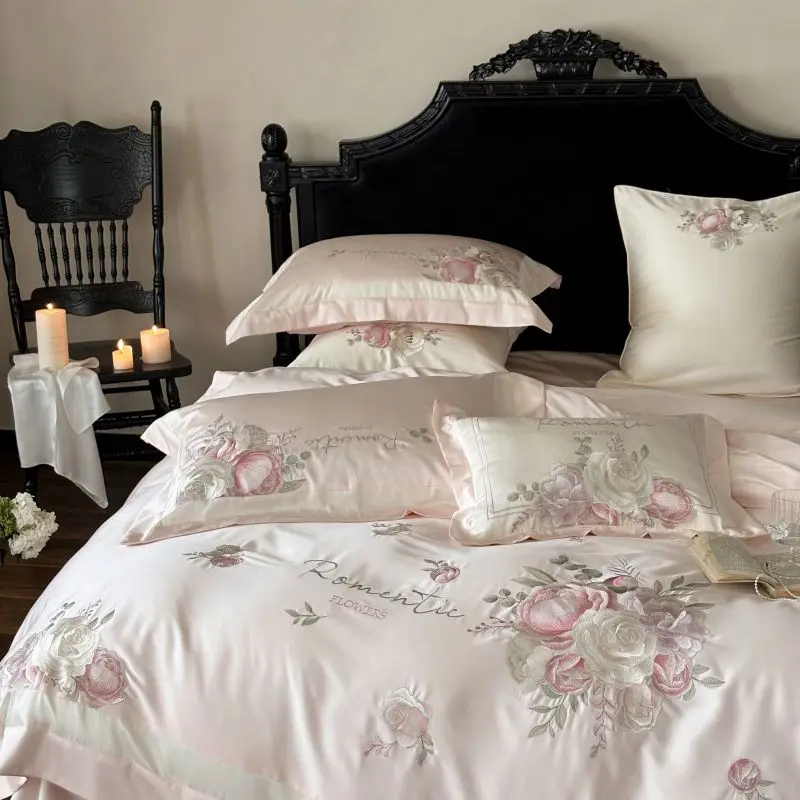 High end Flowers Embroidery Bedding Set Home Textile Pink Egyptian Cotton Princess Quilt Cover Bed Sheet Pillowcases Solid Color