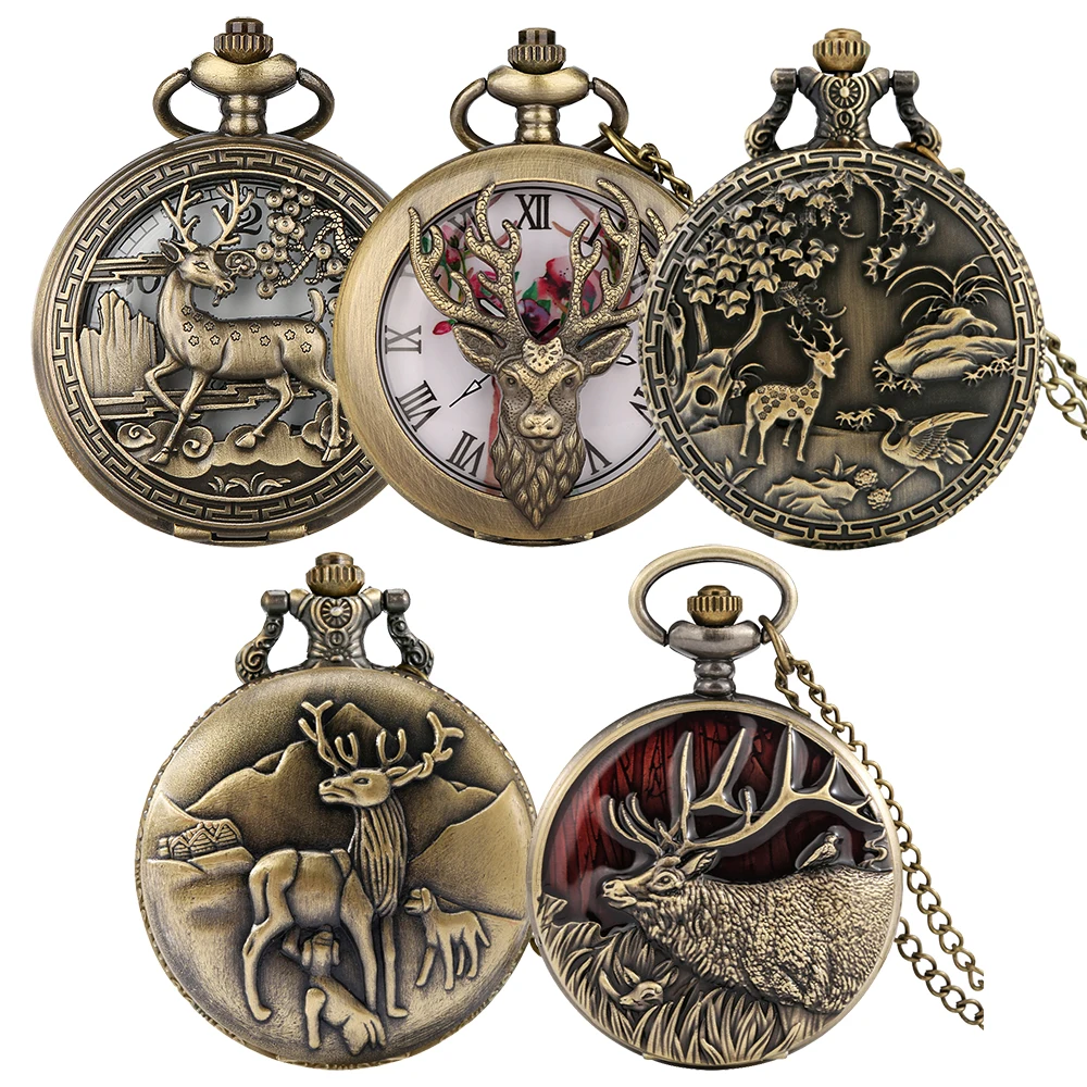 Vintage Bronze Elk Decor Quartz Pocket Watch Men Women Necklace Pendant Pocket Clock Retro Gift Arabic Numerals Dial Timepiece