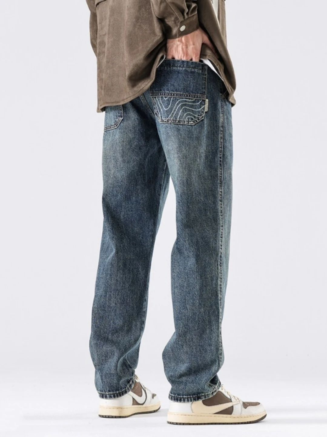 

Retro Japanese Straight Leg Jeans Men's Casual Waed Loose Fit Spring Autumn Trendy Workwear Pants Youth ular Pure Color