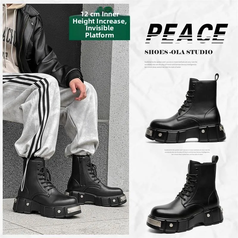 

Men's Boots Metal Punk High Top Motorcycle Boots Increased Height 2cm 0cm 8cm 6cm Rubber Outsole round Toe Lace-Up