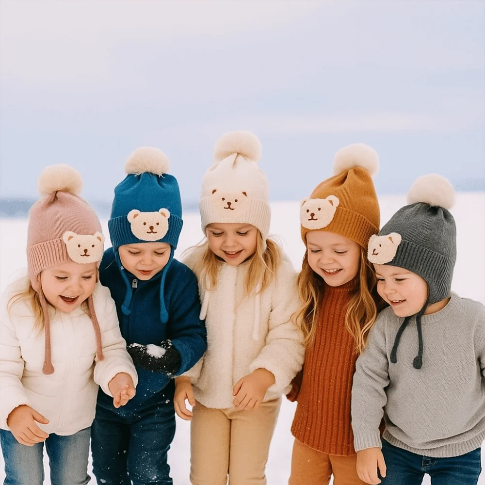 Zachte baby winter gebreide muts dikker warm schattige cartoon beer beer oorklep muts haak gebreide oorbescherming hoeden baby jongens