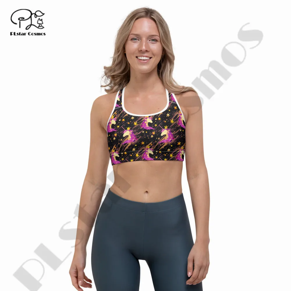 PLstar Cosmos Newest 3DPrint Unicorn Flower Yoga Sport Bra With Chest Pad Cup Fitness Gym Cozy Unique Women'Vest Running Hot Top