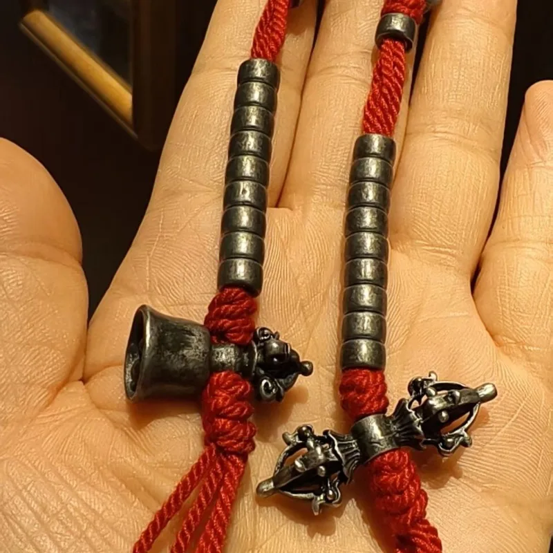 

Tibetan Style Iron Beads Counter Set Clips Side Hanging Pendant with Vajra Tassel for Wenwan Buddhist Mala Handmade Adjustable
