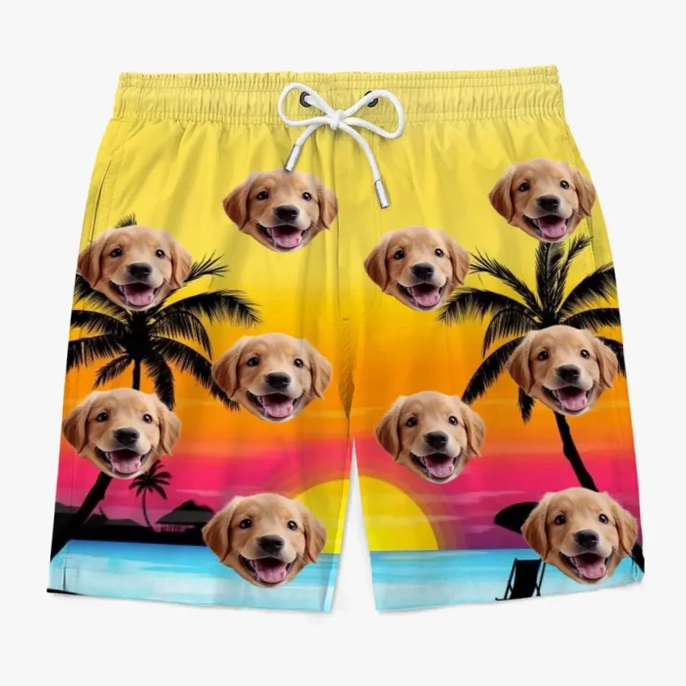 New Custom Pet Dog Face Photo Funny Swimming Shorts Tropical Hawaiian Floral Palm Print Quick‑Dry Drawstring Beach Shorts Gift