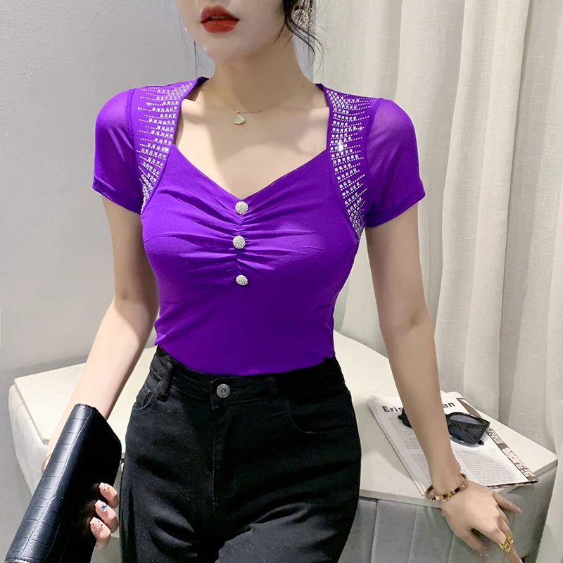 

2023 Summer European Clothes Mesh T-Shirt Chic Sexy Button Shiny Diamonds Women's Tops Short Sleeve Casual Hand Made Tees 32157