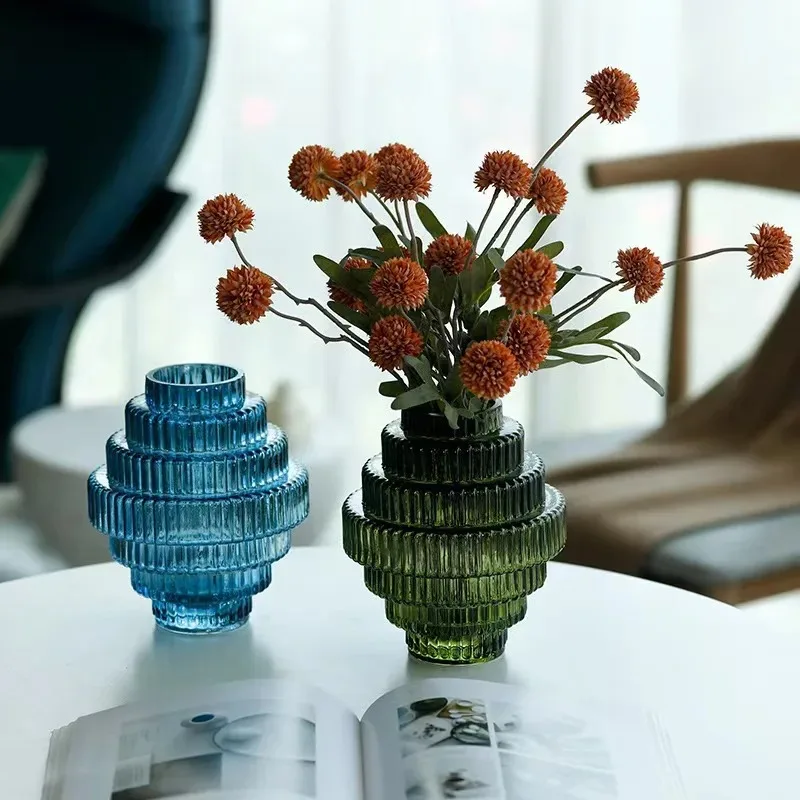 Creative Glass Vase Vertical Grain Tower Shaped Transparent Flower Vase Hydroponics Terrarium Home Decoration Accessories