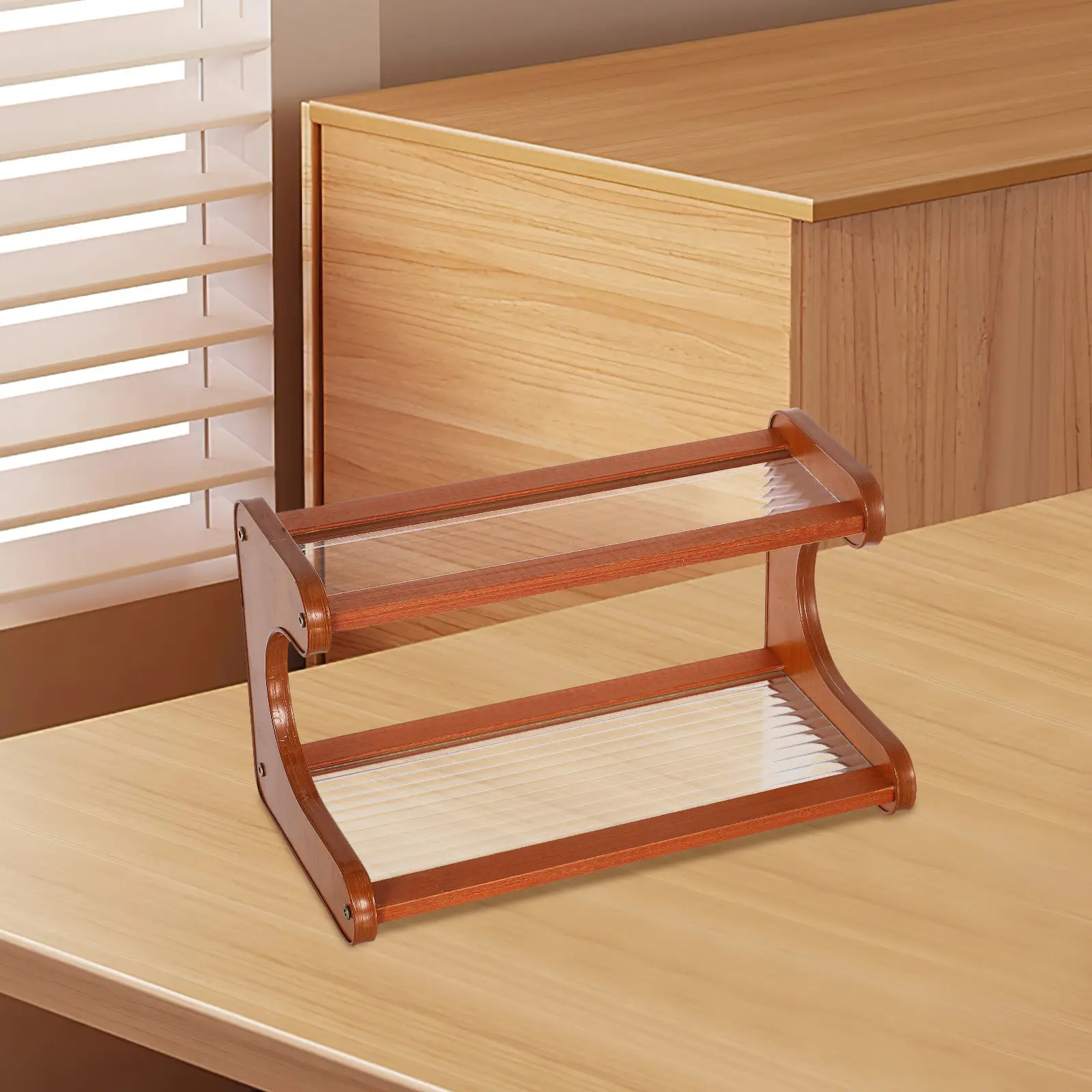 Multi Layer Desktop Organizer Storage Rack Light Brown for Office Dormitory Kitchen Stationery Cosmetics Display Shelf
