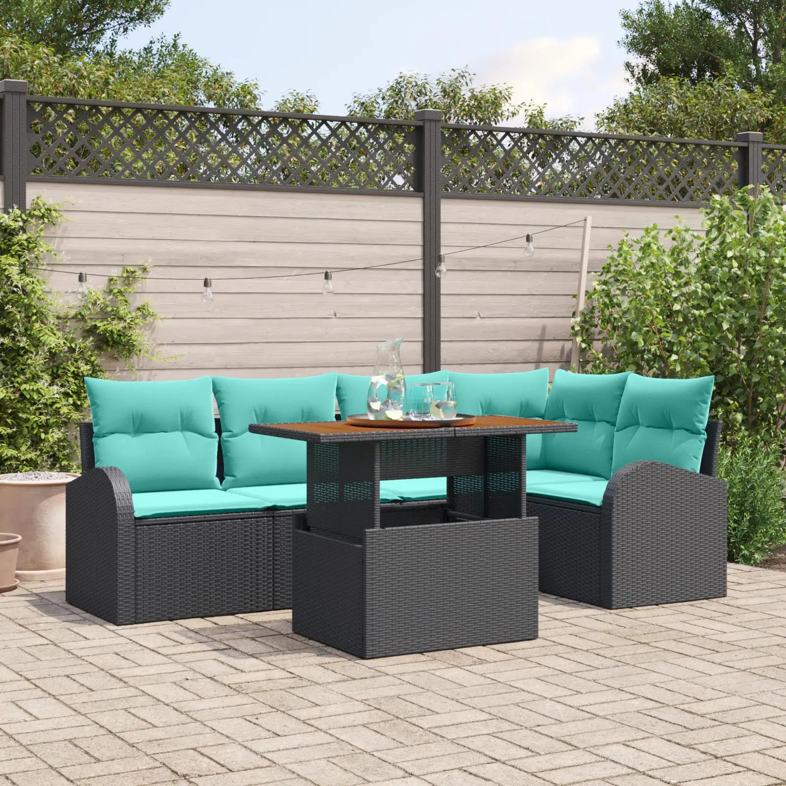 

6 Piece Outdoor Sofa Set with Cushions Black Rattan and Acacia Wood Stylish Garden Furniture