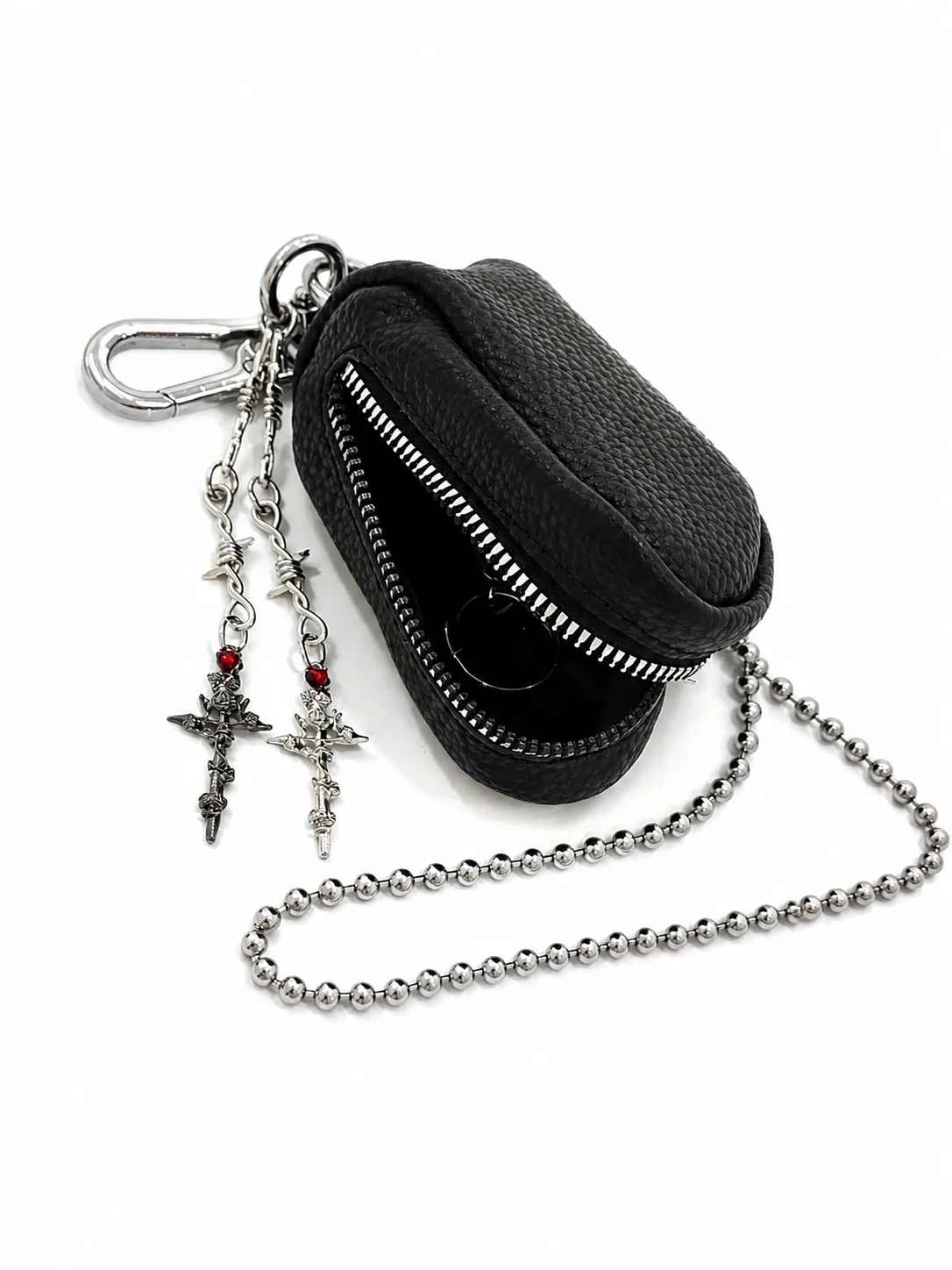 Gotischer Dornenkreuz-Münzbeutel-Schlüsselanhänger mit Doppelkreuz-Anhängern, Mini-Reißverschluss-Geldbörsen-Taschenanhänger, Punk-Street-Fashion-Anhänger – Detail 1