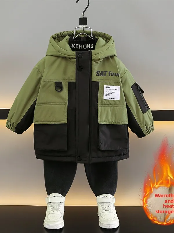 

Boys Cotton Jaet Winter Thiened Fce Lined Parka Coat Faionable Youth Casual Long Sve Zipper Closure Hooded Coat