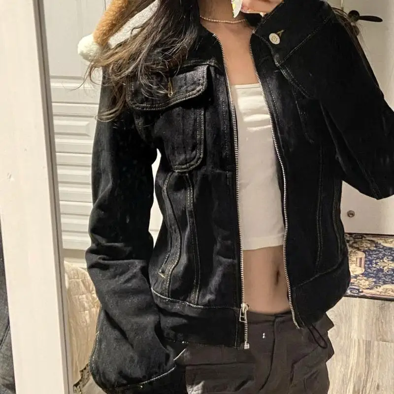 

Джинсовый тюнер на молнии в стиле ретро, женский приталенный дизайн с воротником, универсальный открытый кардиган, модный осенний топ