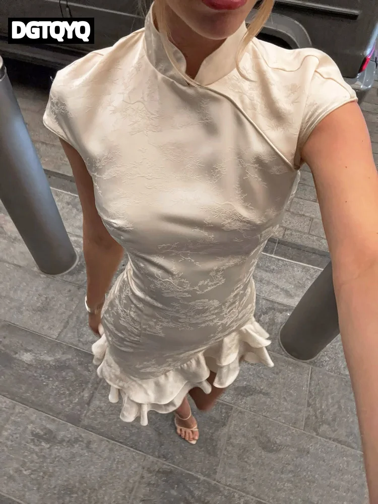 2026 Fashion Ruffled Elegant Party Dress Women Short Sleeve Patchwork Slim Printed High Waist Dress Summer Female Mini Dress