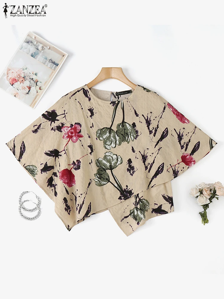 

ZANZEA Vintage Floral Print Blouse 2025 Summer Fashion Women 3/4 Bat Sleeve Tunic Tops Casual Loose Asymmetrical Shirts Blusas