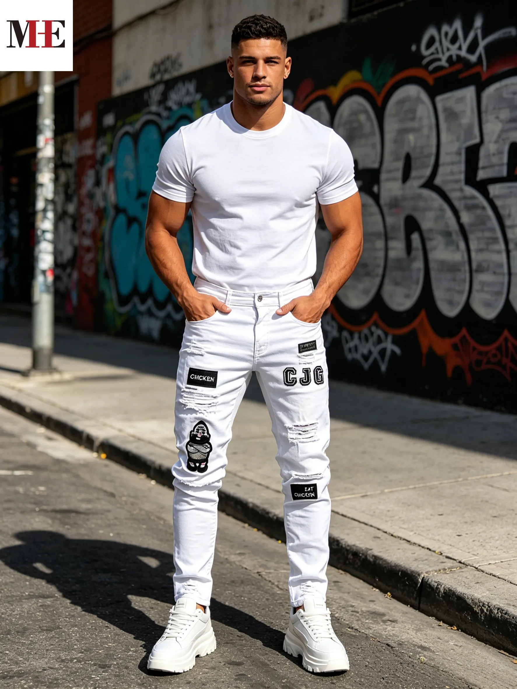 HME Men's White Denim Pants, Slim Skinny Long Pants with Cartoon Embroidery Patch, Letter Badge & Scattered Frayed Rips