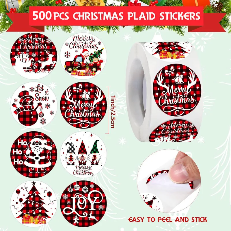 Merry Christmas Sticker Label Roll Round Christmas Stickers Santa Claus Truck Snowman Deer Plaid Envelope Stickers