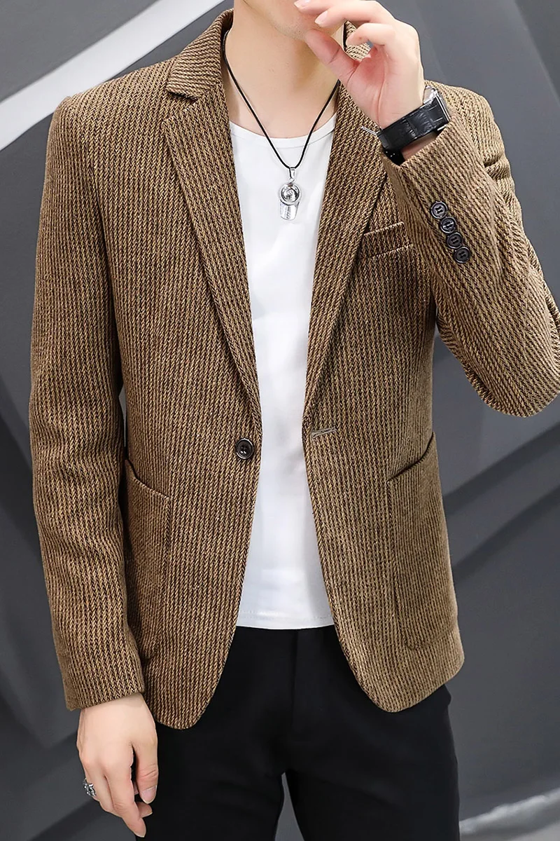 Blazer New Men\'s Fashion Business Vertical Strip Gentleman Slim Wool Shopping Outdoor Performance Wedding Banquet Casual Blazer