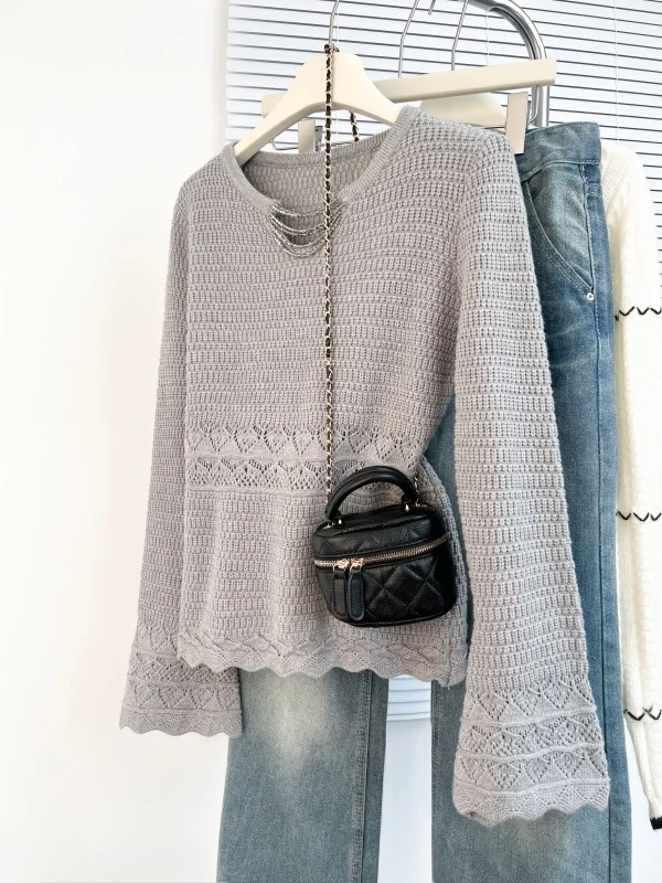 

Elegant Grey Hollow out Knitted Sweater Women's Base Layer Top Outerwear Large Size plus Size Spring 2026 New Arrival