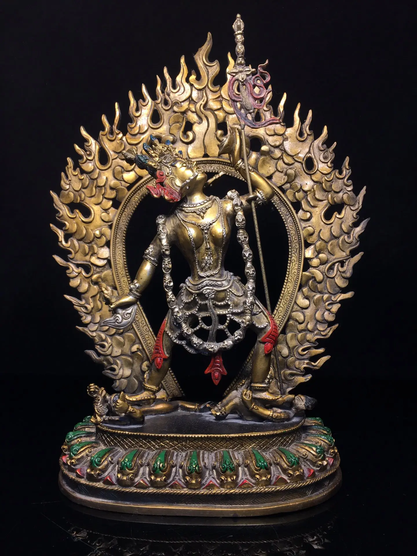 

14"Tibetan Temple Collection Old Bronze Painted Naro Khechari Standing Buddha Dakini Backlight Lotus Platform Worship Hall