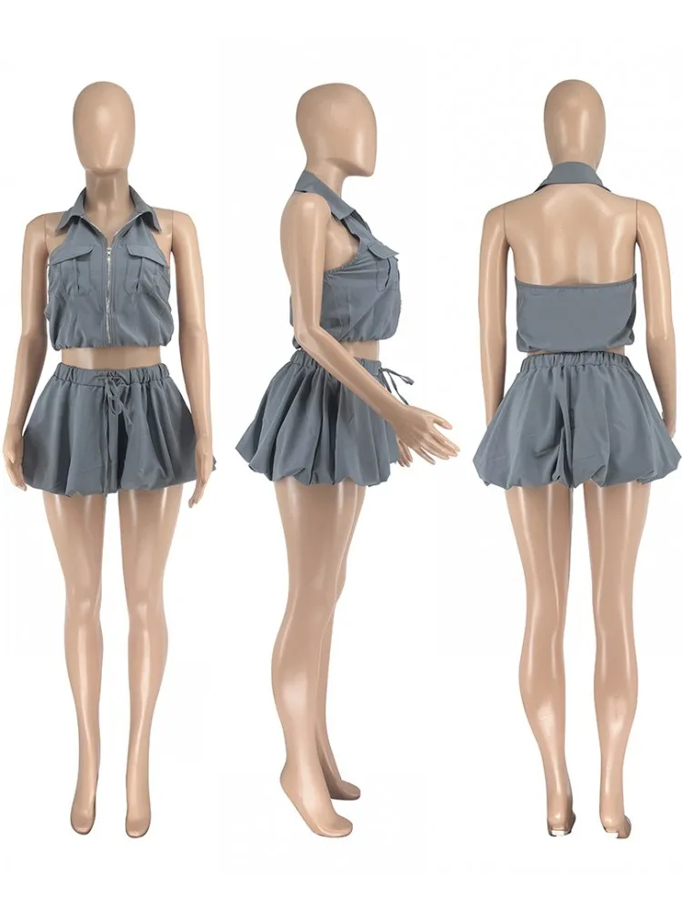Set 2 Potong Atasan Crop Ritsleting Wanita Set Fashion Musim Panas Musim Gugur 2025 Seksi Atasan Tanpa Lengan dan Rok Mini Pinggang Elastis