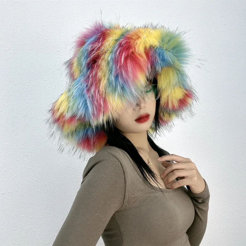 Winter Warm Big Fur Bucket Hat Women Outdoor Hat Soft Plush Bucket Hat Korean Fashion Chic Ladies Casual Hat 2023