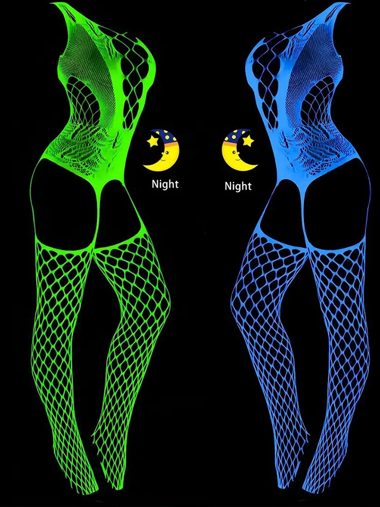 Luminous Mesh Sexy Lingerie See through Bodysuit Erotic Underwear for Women Mesh Dress Glowing the Drak