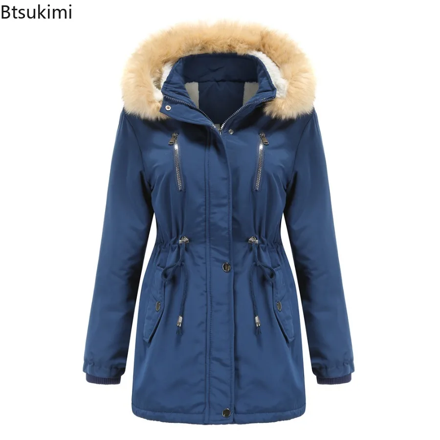 2025 Women Parkas Lamb Wool Hoodies Coats Thick Warm Tight Waist Loose Autumn Winter Casual Jackets Winter Mid Length Parka Coat
