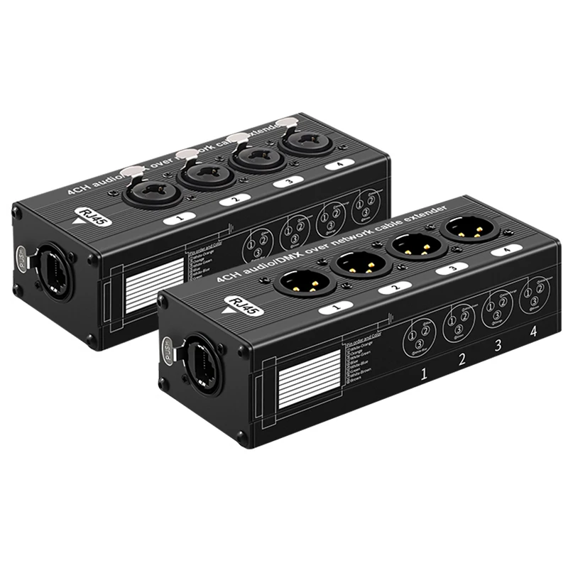 Compact 4CH XLR to RJ45 Extender Over Cat5e Cat6, Audio Transmitter for Stage, Studio & Pro Sound Gear