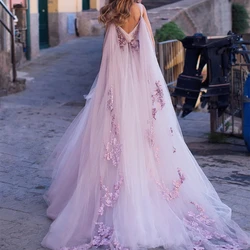 SILIWEYA Light Purple Ivory Flower Prom Dresses for Women Elegant Floral Chiffon A-line Skirt with Cape Floor Length vestidos