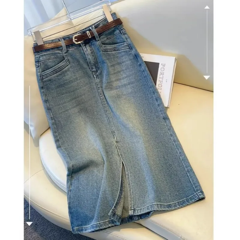 

Ladies Front-Slit Straight-Leg Denim Skirt Mid-Length Older Girls High-Waist Girls Denim Bottom A-Line Skirt Adult Casual Spring