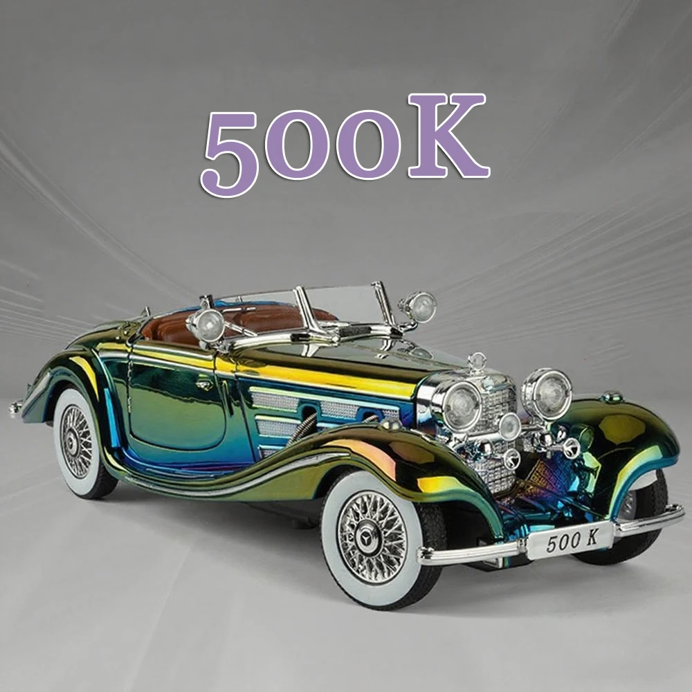 1:24 500K Modele ze stopu metalu, zabawki odlewane ciśnieniowo, klasyczne samochody, koła obracane, miniaturowe samochody z oświetleniem i muzyką, pojazdy, prezenty urodzinowe dla dzieci