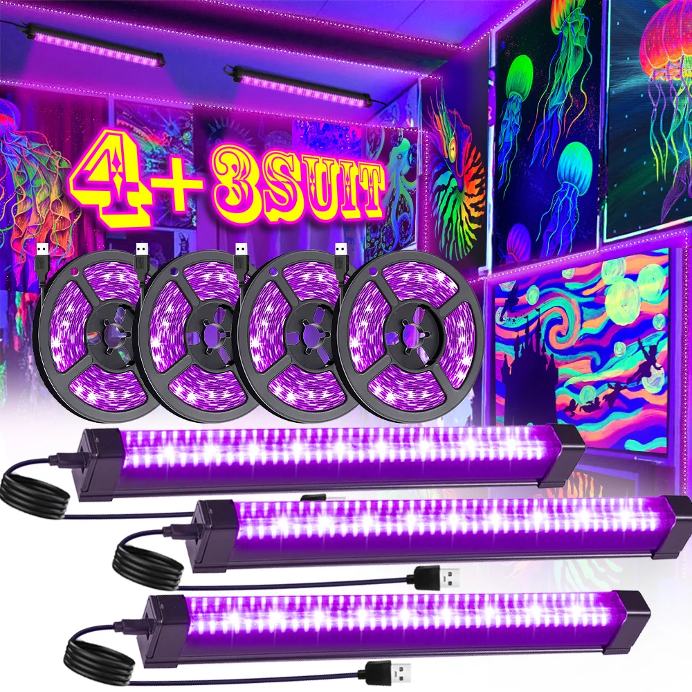 

Набор УФ-лент 7-в-1: 3×32 см + 4×250 см УФ-светильники для флуоресцентных вечеринок, Хэллоуина, Рождества, декора спальни и дней рождения