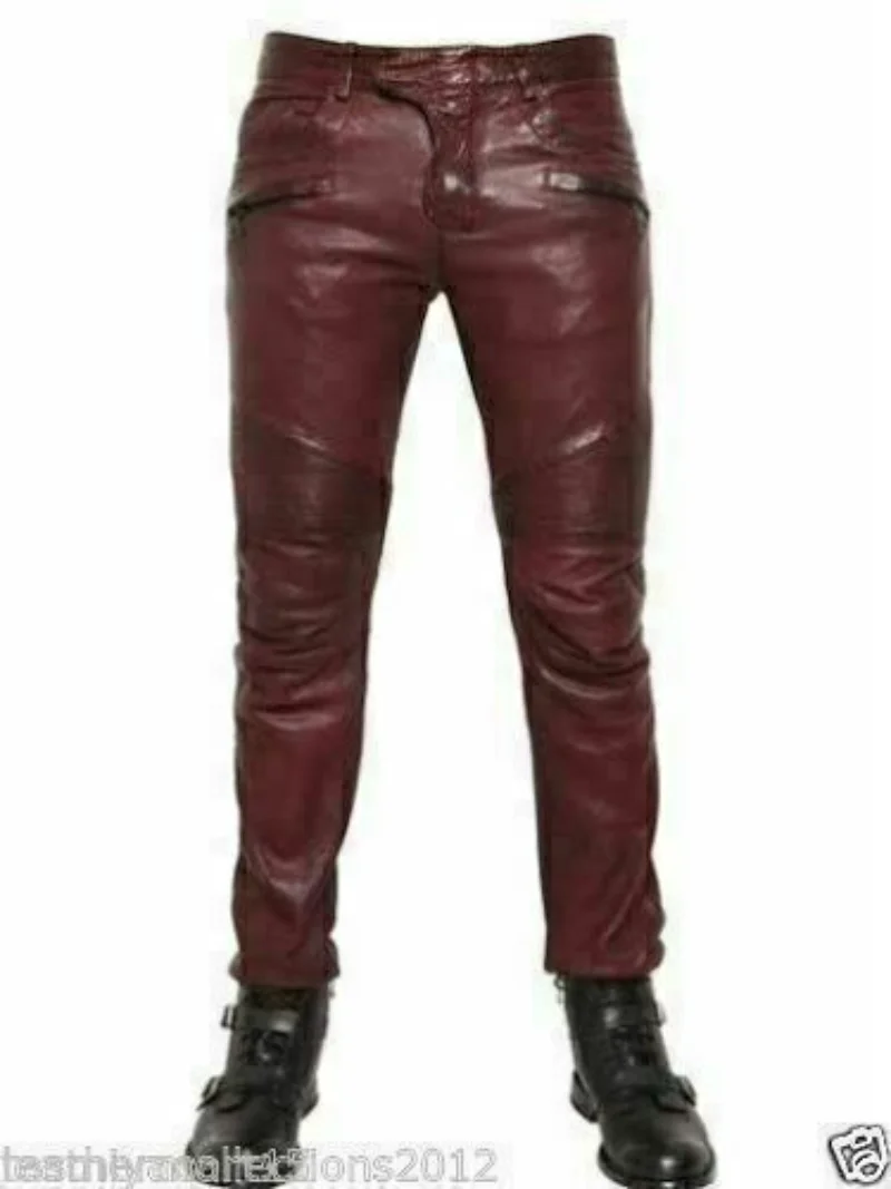 

Mens Leather Pant 100% Real Lambskin Burgundy Leather Biker Jeans Pant