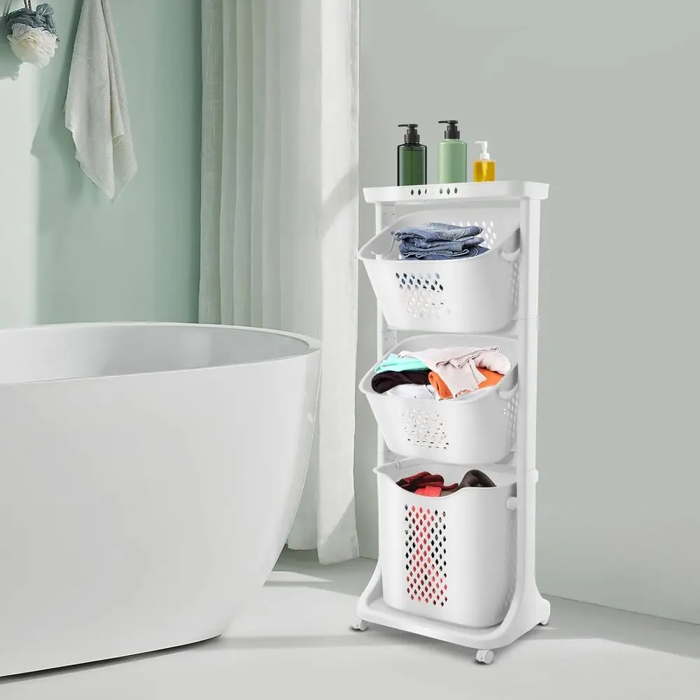 

Трехуровневая корзина для белья на колесиках, белая сетка, органайзер для хранения в разных комнатах