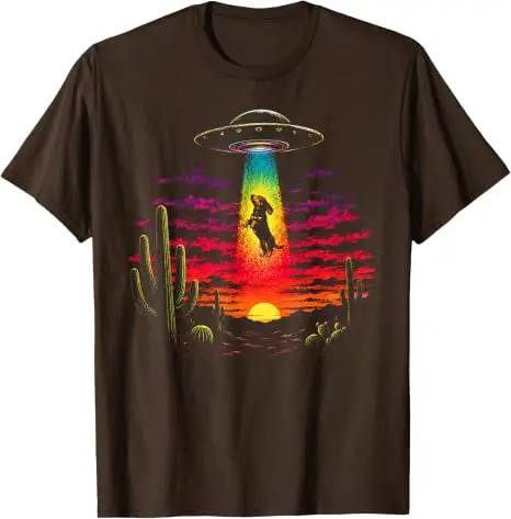 Lustiges Dackel-UFO-Abduktions-T-Shirt mit Wüstensonnenuntergang, Y2K-Alien-Abduktions-Hunde-Kunst, Ästhetische Kleidung, Neuartiges Geschenk, Sci-Fi-T-Shirts – Detail 12