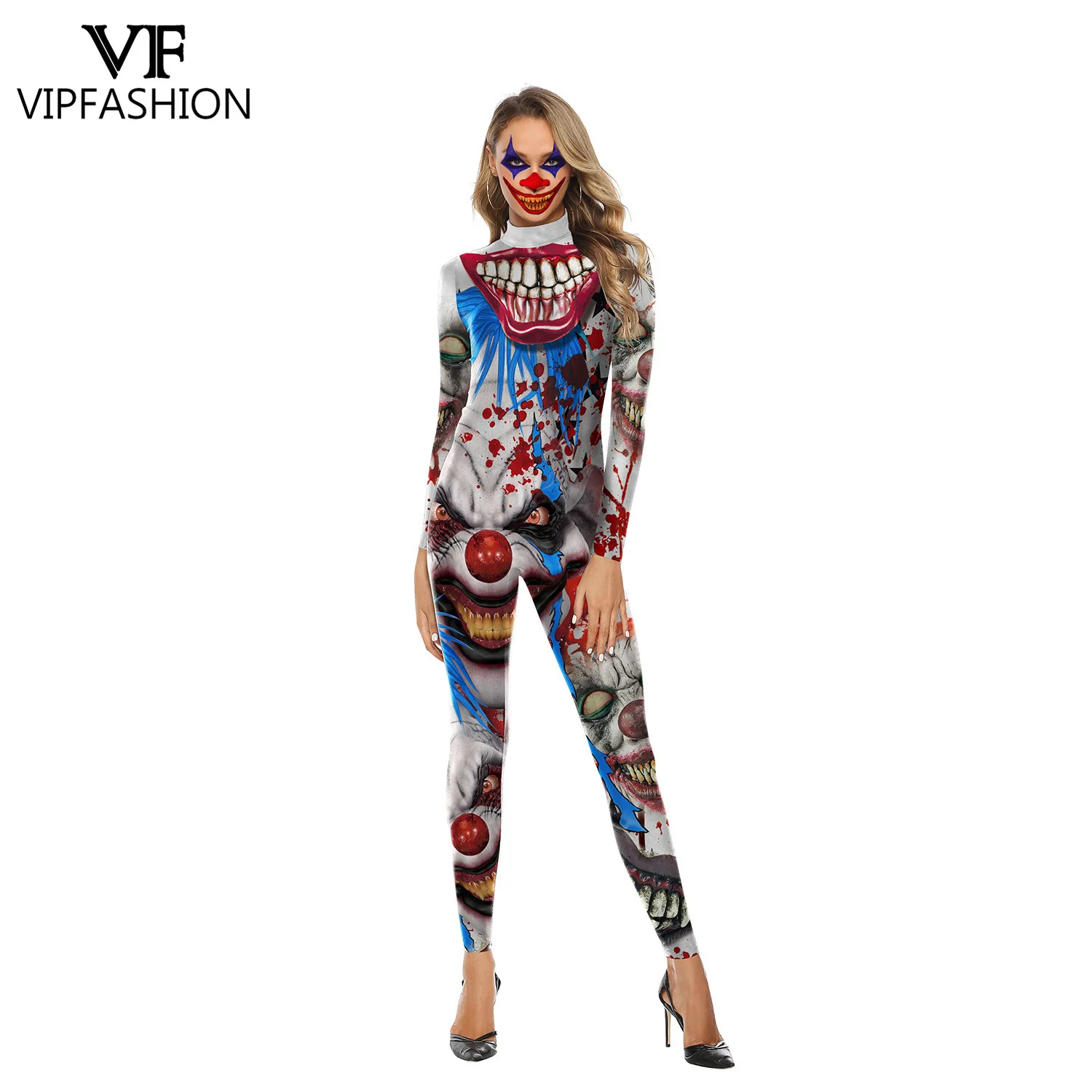 

VIP FASHION Adult Halloween Horror Cosplay Jumpsuit Scary Clown Print Bodysuit Fancy Party Costume Stretch Spandex Zentai Suit