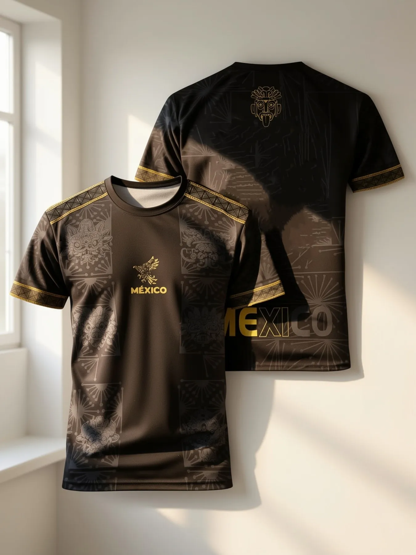 Mexico Black Gold Aztec Print Football Jersey Men Quick Dry Soccer T-shirt Sports Training Fans Tops