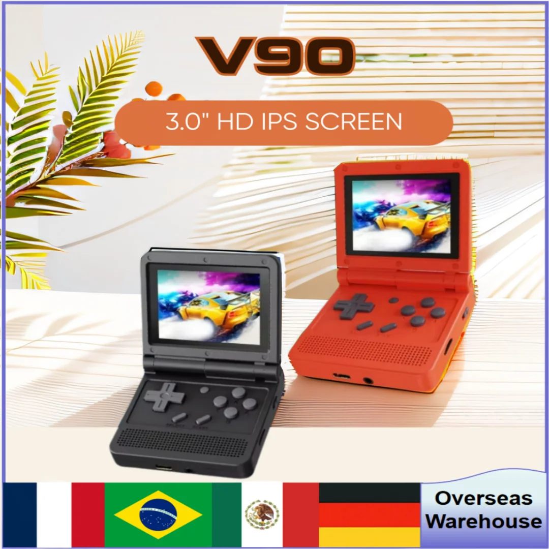 

POWKIDDY V90 3-Inch IPS Screen Flip Handheld Console Black Version Open System Game Console 16 Simulators PS1 Children's Gifts