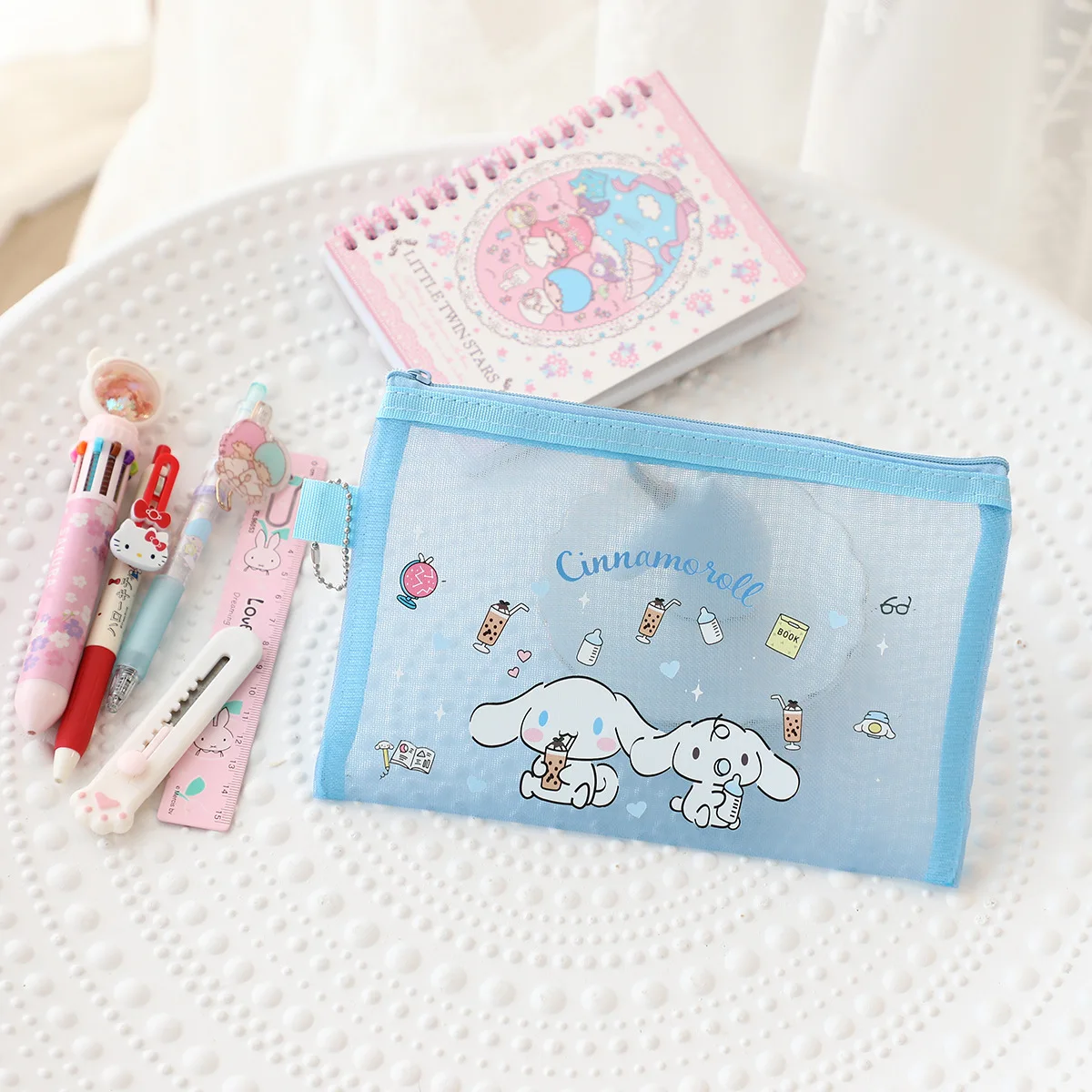 Astuccio per matite Sanrio sacchetto di cancelleria trasparente in garza carino Kuromi Cinnamoroll forniture per studenti borsa portaoggetti con