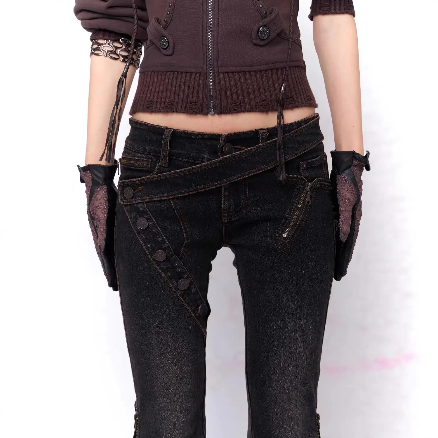 

Women's Black Cargo Jeans High Waisted Asymmetrical Strap Design Denim Pants with Gold Buttons Zipper Pockets Loose Straight