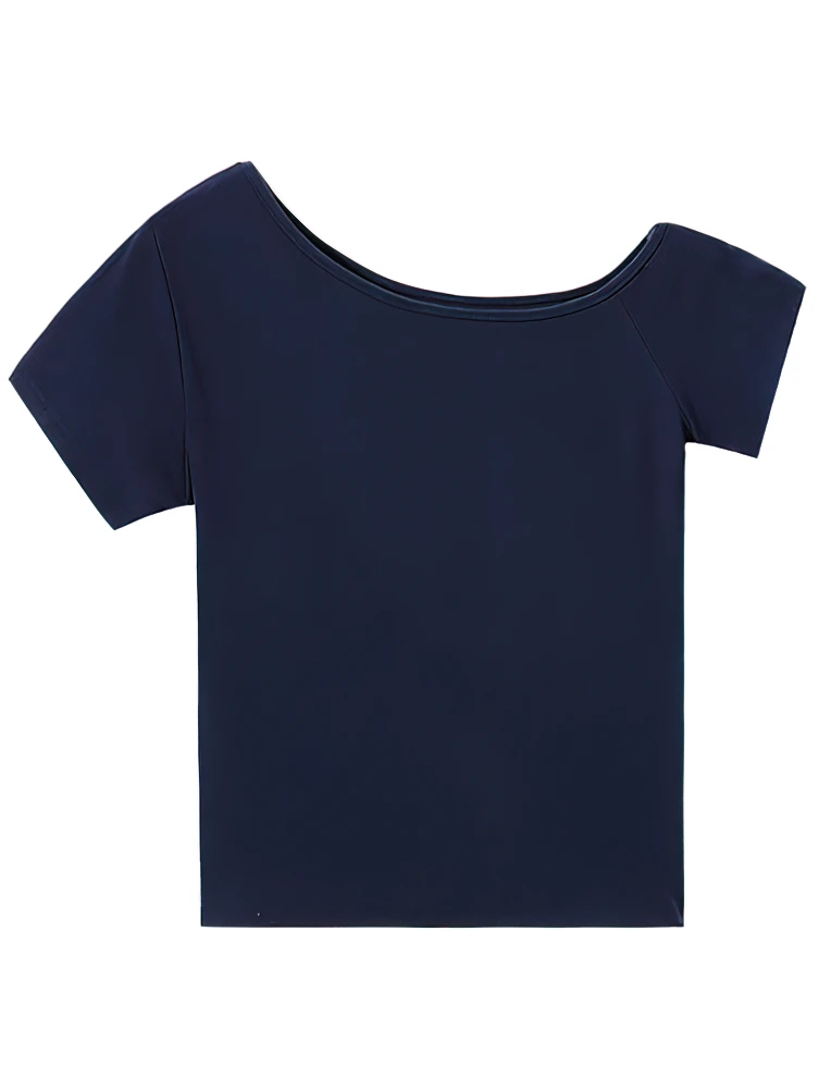 Sommerliches Off-Shoulder-Top für Damen, schmal geschnitten, kurzärmeliges T-Shirt, One-Shoulder-Oberteil, sexy Basic-T-Shirt, koreanischer Chic – Detail 7