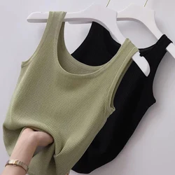 2024 New Knitted Tops Vest T-Shirt Tank Tees Women's Sleeveless Women Plain Summer Vest  Casual Slim Fit All Match Solid Color