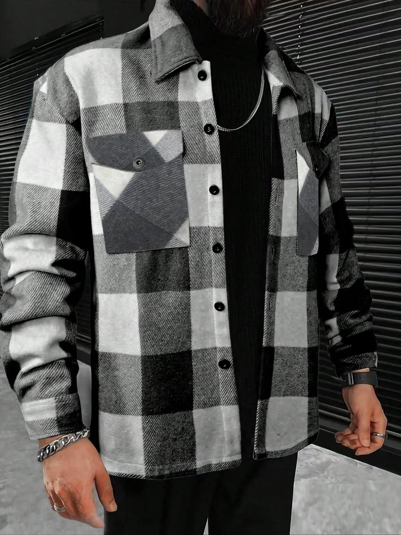 Men's Black and White Large Checkered Long-Sleeve Shirt with Turn-Down Collar, Double Pockets, Single-Breasted, Loose Casual Spring and Autumn Outerwear Shirt