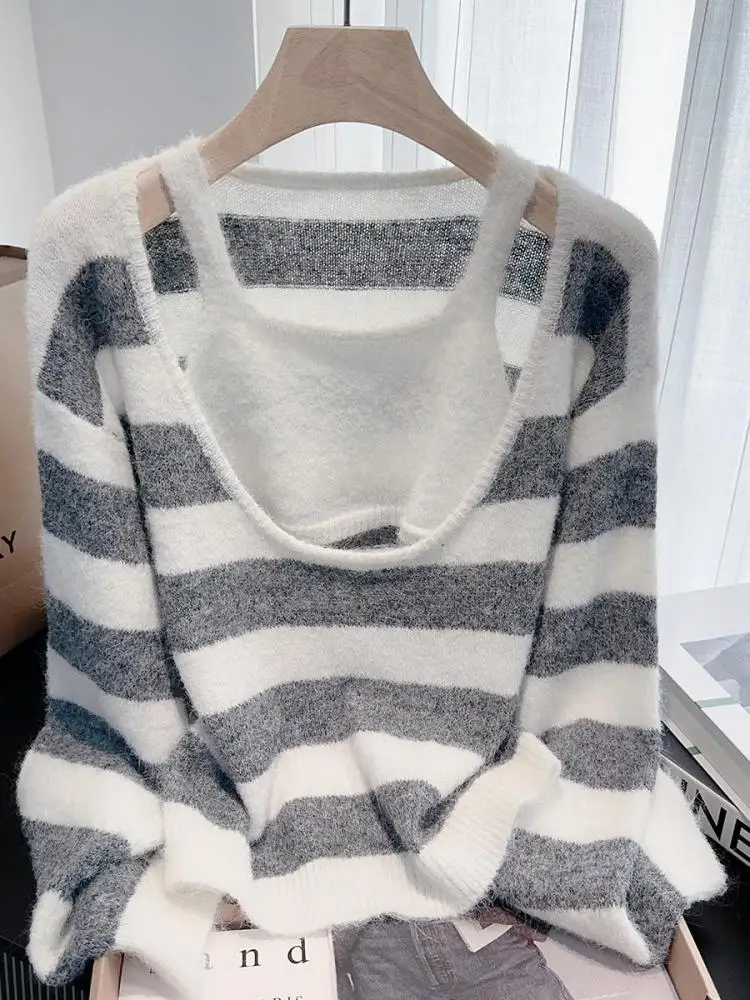 

Осень-зима, винтажный полосатый лоскутный ажурный короткий свитер, корейская версия, женский офисный трикотаж с длинными рукавами, шикарные топы