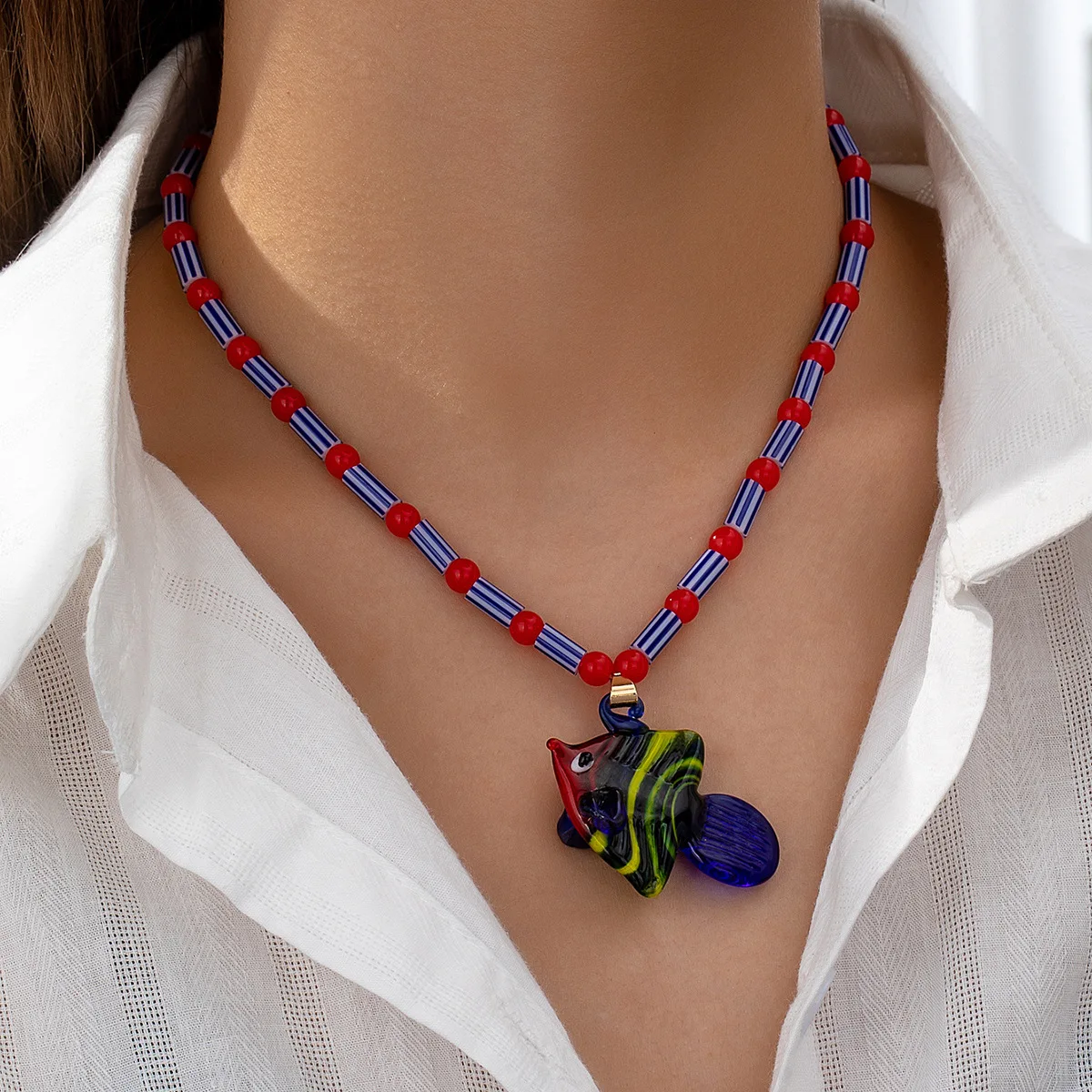 2026 New Creative Charm Colourful Glaze Goldfish Striped Seahorse Glass Pendant Necklace for Women Cute Jewelry Accessories Gift